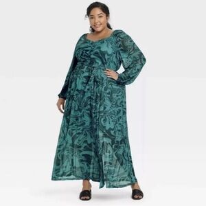 Ava & Viv 3X Teal Gray Swirl Long Sleeve Mesh Maxi Dress